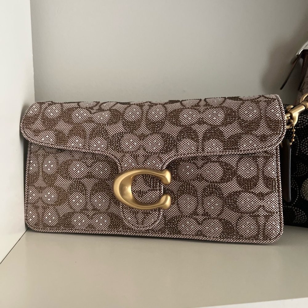 Coach Brown Signature Canvas Tabby mushroom and crystal with Gold 'C' Hardware